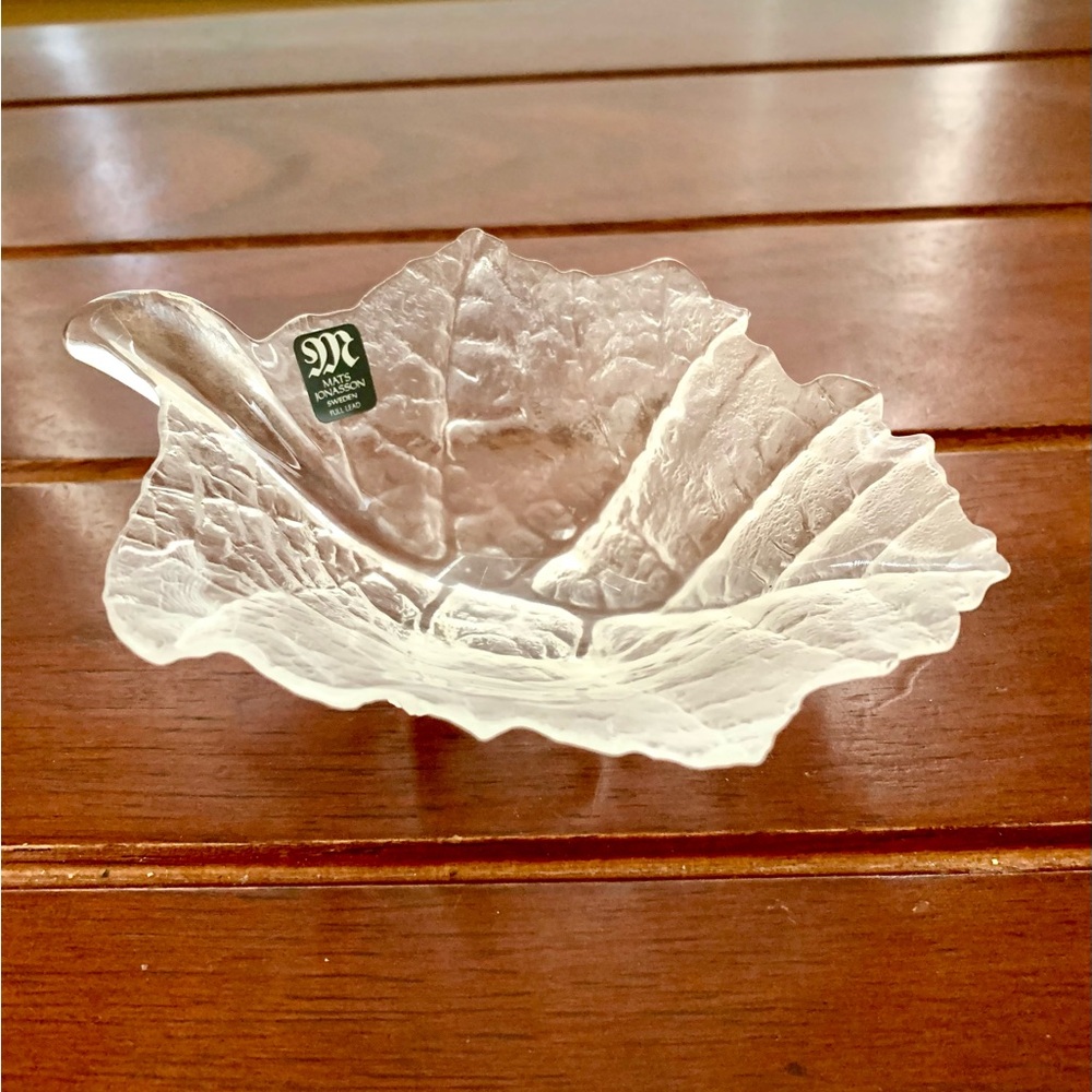 Vintage Mats Jonasson 'Folia' Clear Lead Crystal Leaf Dish NIB